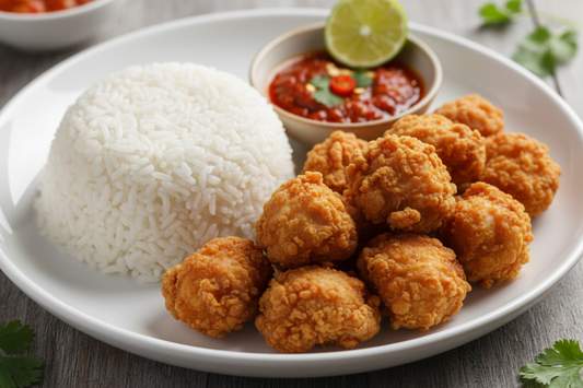Rice with fried chicken pop corn on a plate together with sambal 