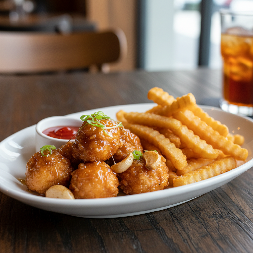 small portion honey garlic frid chicken pop corn with fries