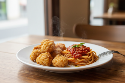 small portion original fried chicken pop corn with spaghetti