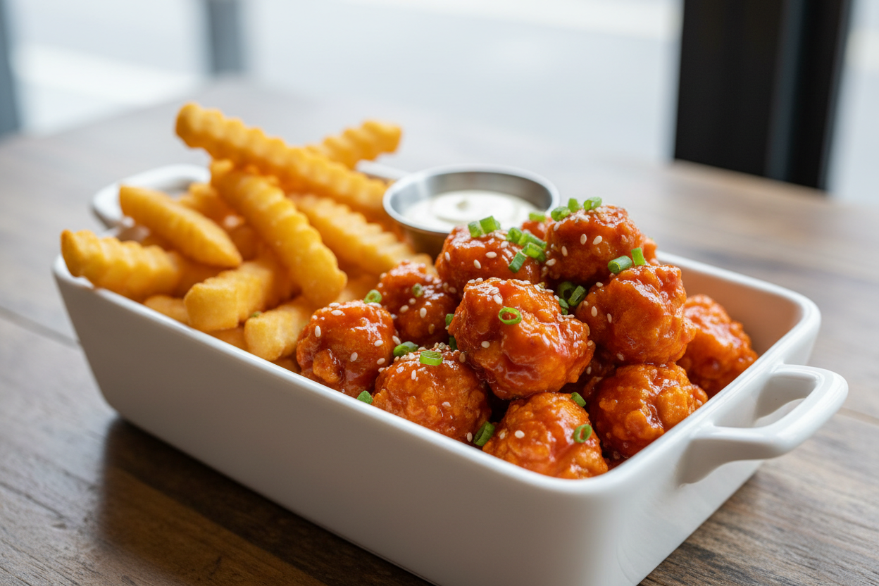 Spicy Korean chicken pop corn with fries